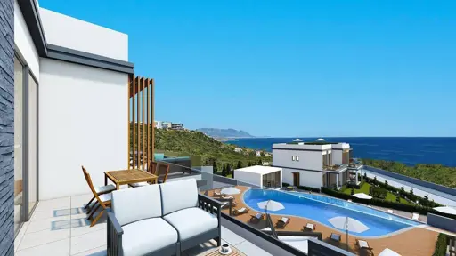 Strandnahe Berg-Panorama-Eigentumswohnung (3 Zimmer, 2 Bäder) mit Ausblick auf das Meer in Nordzypern-Esentepe