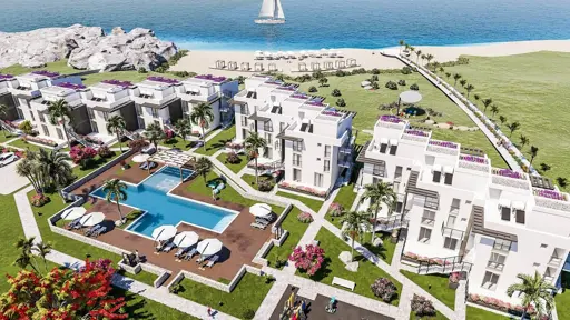 Am Strand gelegene Meerblick-Eigentumswohnung (3 Zimmer, 2 Bäder) mit Bergblick in Nordzypern-Tatlisu