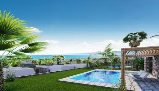 Mountain panorama real estate with perspective on the sea and terrace in Northern Cyprus Bahceli