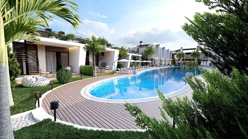 Недвижимость с видом на море (2 комнаты, 1 ванная комната) рядом с пляжем с панорамой гор на Северном Кипре Лапта