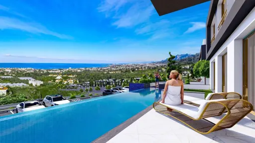 Berg-Panorama-Wohnung (2 Zimmer, 2 Bäder) mit Ausblick auf das Meer und Wellnessbereich in Nordzypern-Lapta