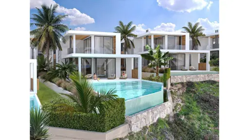 Вилла с горной панорамой (3 комнаты, 2 ванные комнаты) с видом на море и террасой на Северном Кипре Бахчели